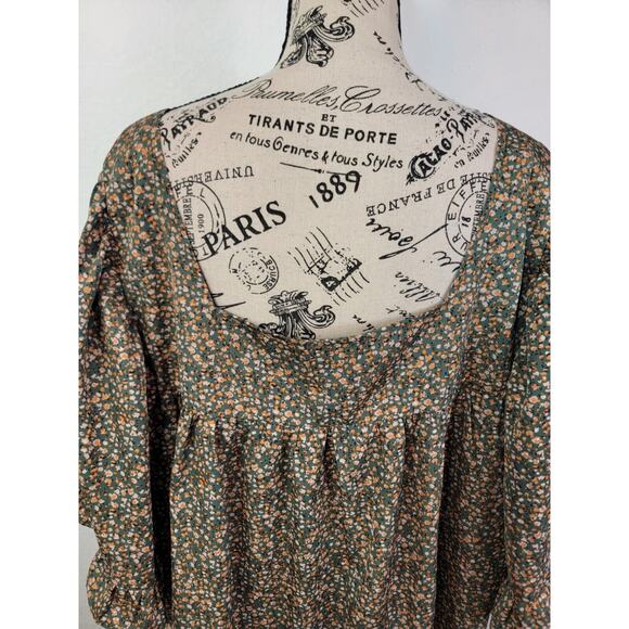 Arula Babydoll Top Sz C 3X Square Neck Green Floral Short Sleeve Ruffle Bohemian - Picture 7 of 10